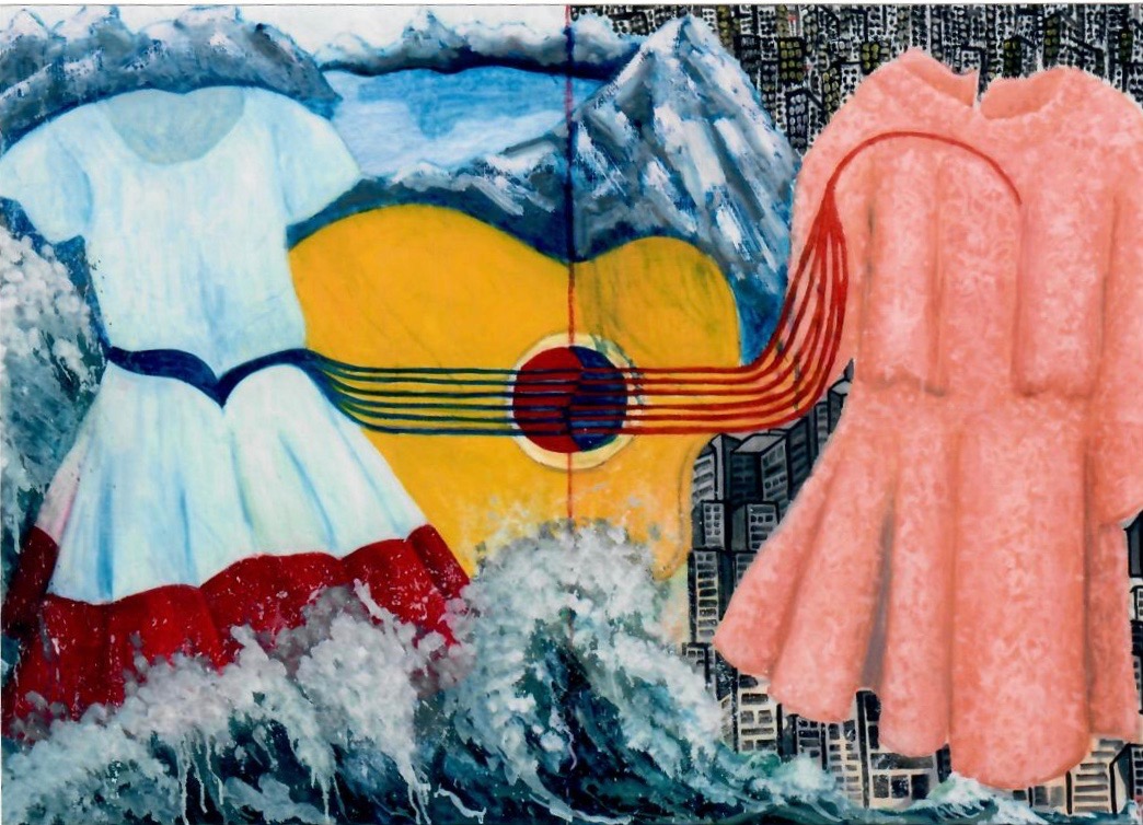 Eunice Kwon's painting of two dresses and a guitar.