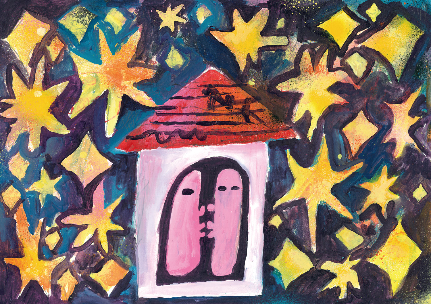 A painting of two heads in the stars by Kentaro Okawara.