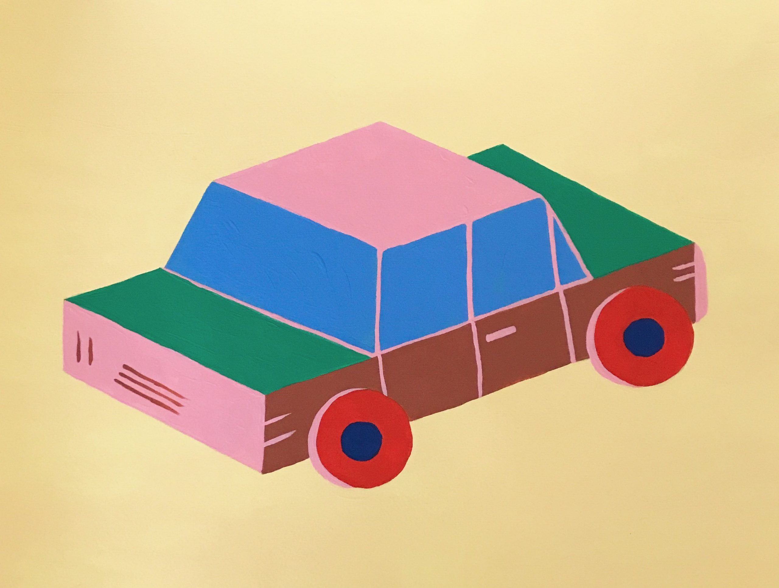 Painted, multi-colored car on a beige background. 